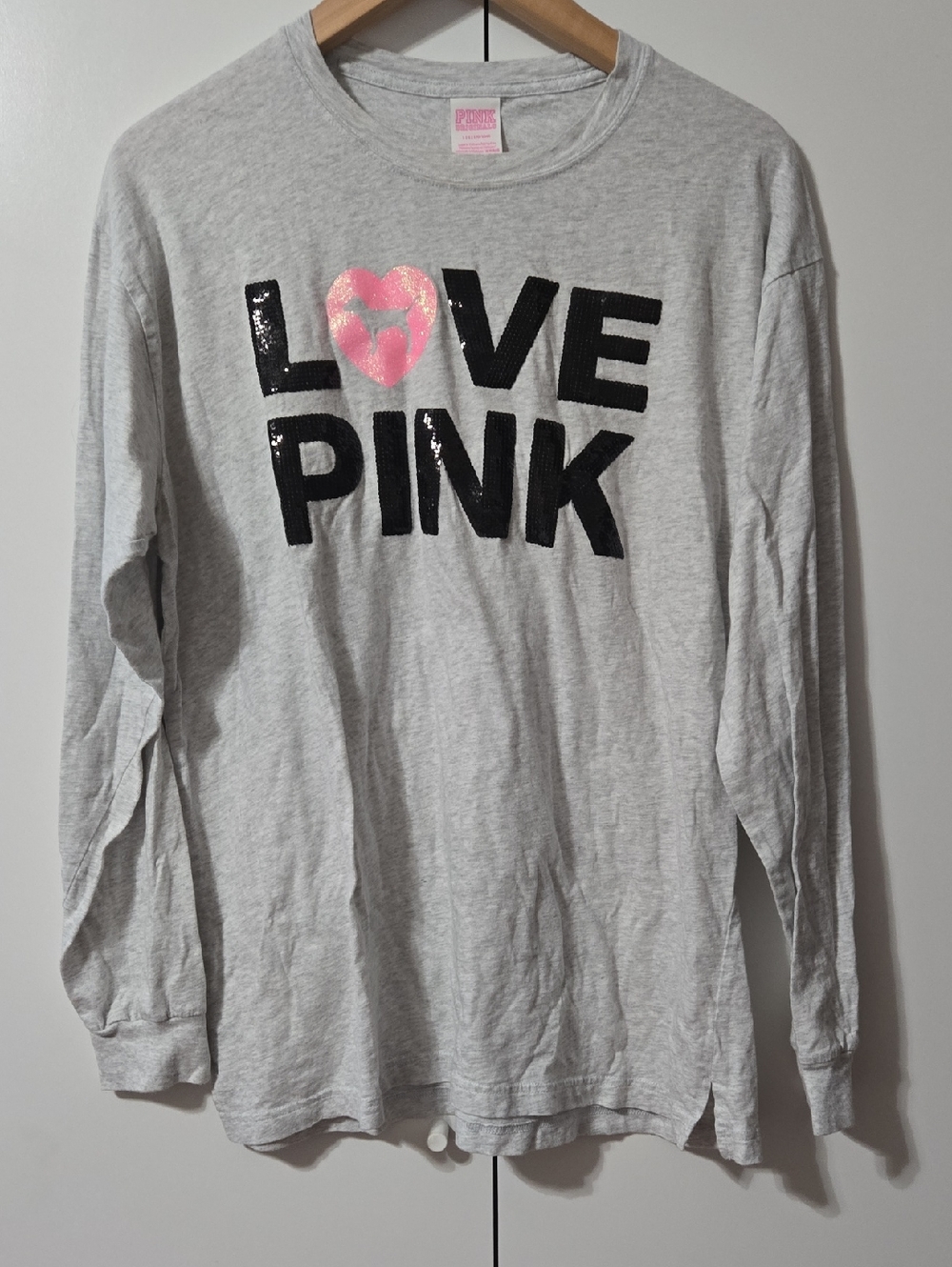 PINK Victoria's Secret Gray Long Sleeve Tee with Black and Pink Sequin Logo